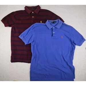 2x Ralph Lauren Polo Shirts Mens Sz L Blue Red Pony & Maroon Stripes Yellow Pony